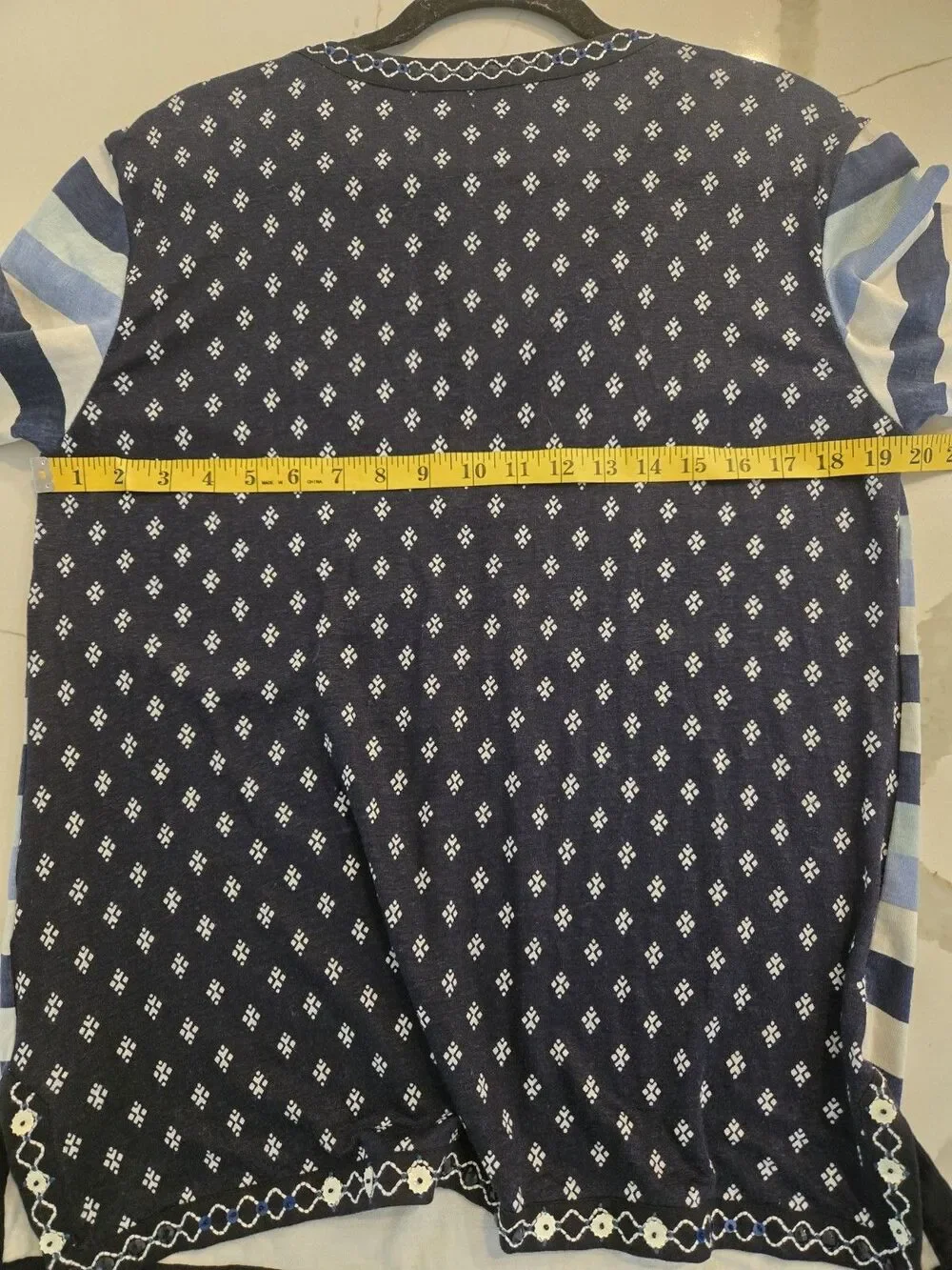 Tory Burch Navy and Light Blue Striped Embroidered Split-Neck Top